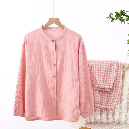 春秋纯棉日系格子女士家居服长袖绉布双层纱布简约可外穿睡衣套装 商品图1