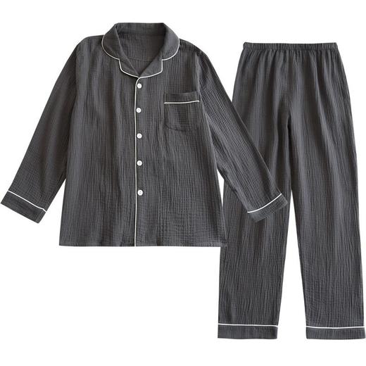 纯棉男士睡衣套装宽松春秋双层纱布大码全棉绉布长袖 商品图4