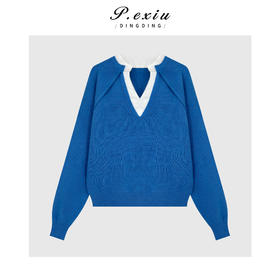 PanYiXiu/潘依绣松弛感针梭织拼接减龄宽松V领长袖针织上衣ZZ1118