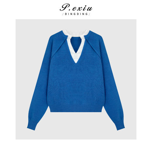 PanYiXiu/潘依绣松弛感针梭织拼接减龄宽松V领长袖针织上衣ZZ1118 商品图0