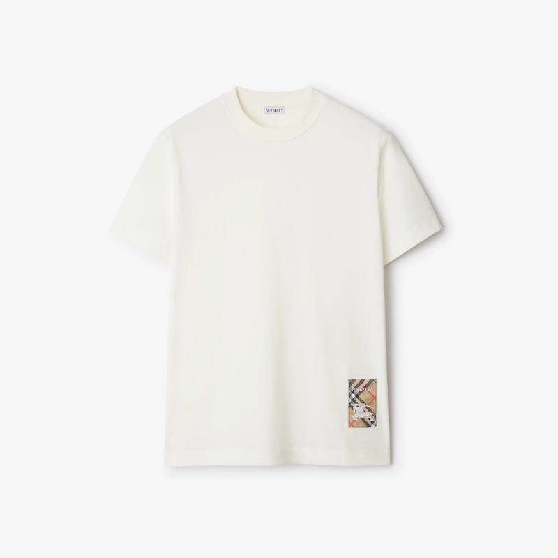 【一】BURBERRY 巴宝莉 男士格纹马术骑士徽标标签棉质圆领短袖T恤 白色 8102254 B7078