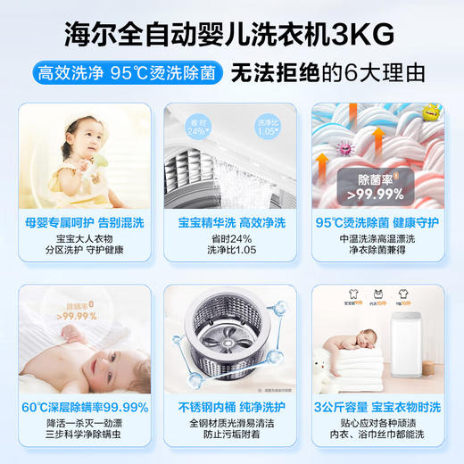 海尔（Haier）洗衣机小型全自动 3公斤迷你婴儿儿童 内衣裤洗 精华洗95℃烫洗除菌 家电XQBM30-R586 商品图3