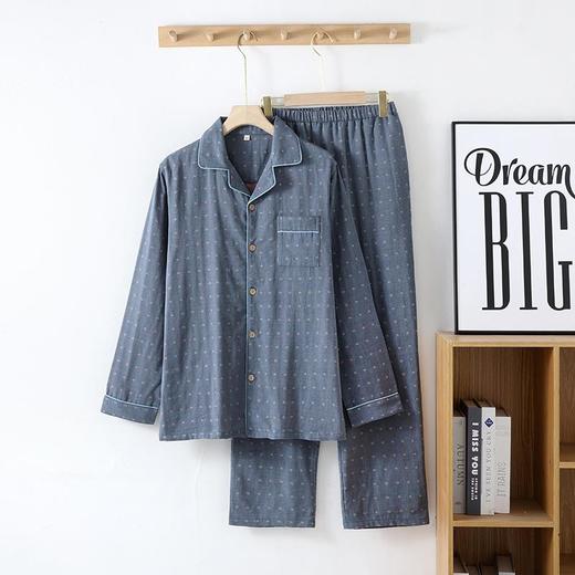 日系无印风色织纯棉双层纱布家居服男士春秋夏季全棉长袖睡衣 商品图0