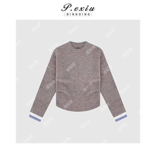 04-2潘依绣丁丁宠粉韩系简约圆领拼接袖口长袖套头毛织针织Q1548 商品图0