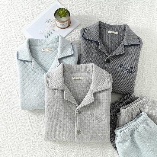 秋冬季三层加厚空气棉男款刺绣睡衣简约长袖可外穿夹棉保暖家居服 商品图3