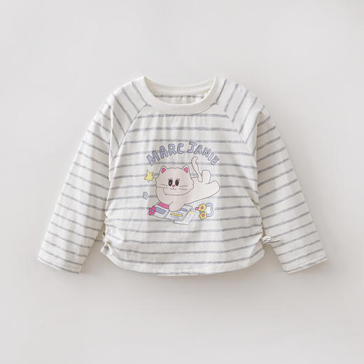 马克珍妮珠光宝气猫咪女童纯棉条纹抽褶T恤2026年春装新款560082 商品图3