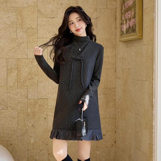 2026春装新韩系木耳边亮片V领蝴蝶结连衣裙两件套YJLY2610 商品图1