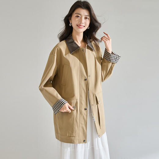 「高货sh」全新升级【铂金会员404/天猫549/差价145】(95550)洛诗琳2026春季气质巴恩风撞色PU皮翻领格纹拼接风衣外套 商品图4