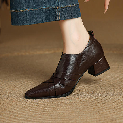 【预售5天】里外全皮中跟尖头深口单鞋巨软头层羊皮通勤粗跟高跟鞋乐福鞋&C186 商品图0