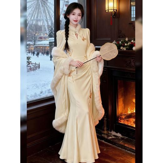 【新年战袍❗️设计创新】新中式气质国风旗袍连衣裙女装秋冬新款加绒加厚收腰鱼尾长裙。jc 商品图3