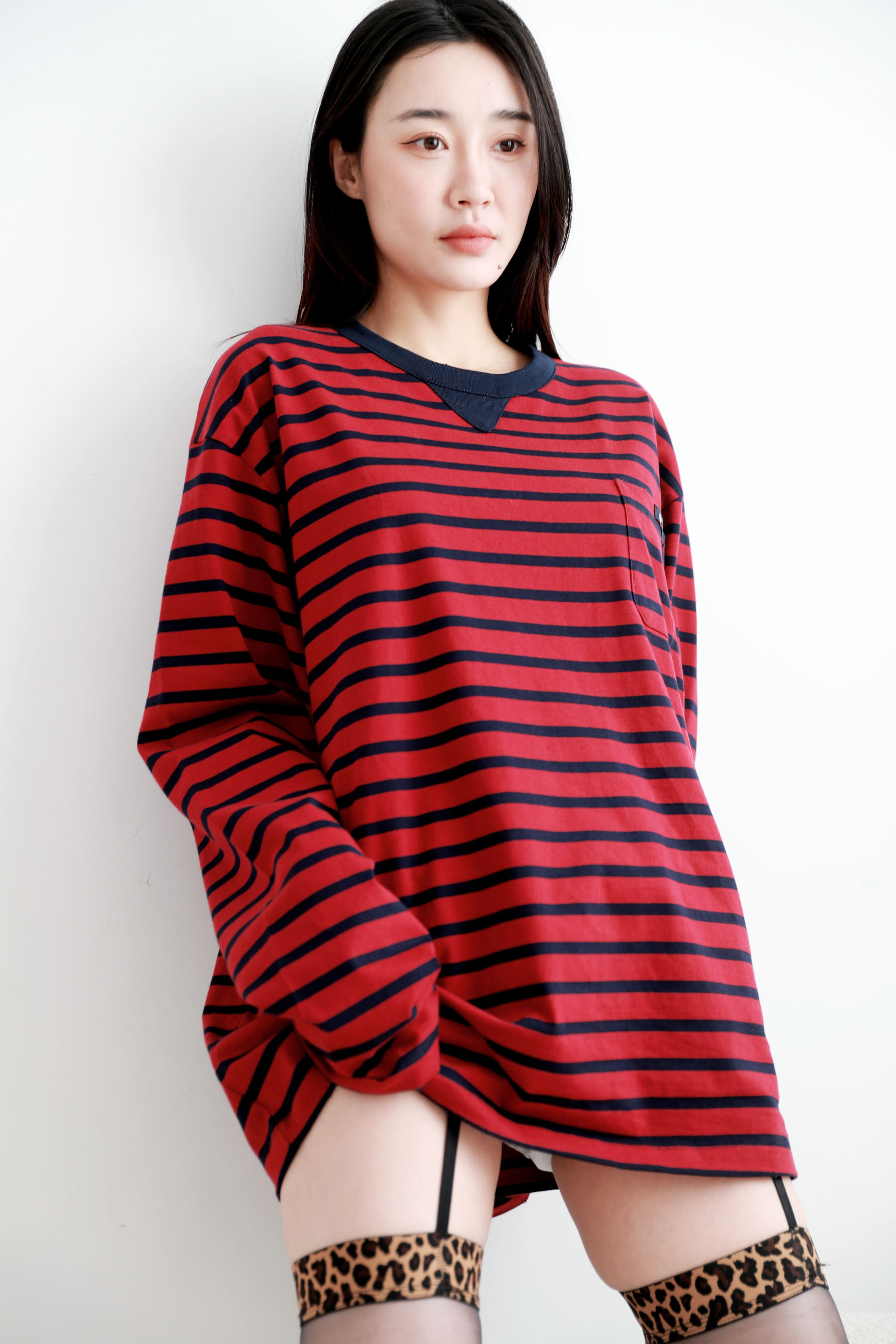 复古条纹tee，长袖+短袖哇。Oversize胸口横标平纹针织t恤E011788