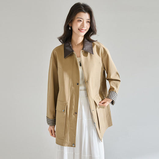 「高货sh」全新升级【铂金会员404/天猫549/差价145】(95550)洛诗琳2026春季气质巴恩风撞色PU皮翻领格纹拼接风衣外套 商品图1