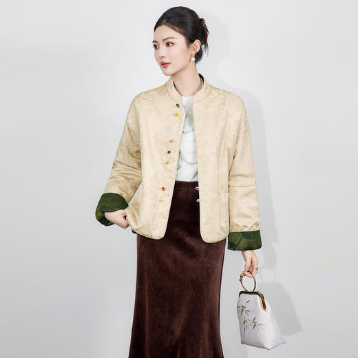 「高货wl」全新升级【铂金会员615/天猫829/差价214】(20152)洛诗琳双面穿新中式外套2025冬季天丝提花缎立领盘扣棉服 商品图0