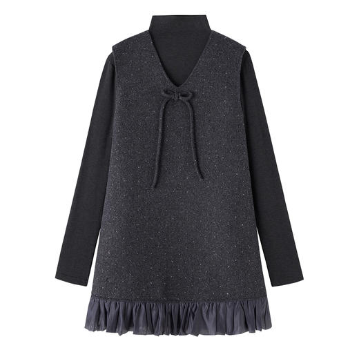 2026春装新韩系木耳边亮片V领蝴蝶结连衣裙两件套YJLY2610 商品图4