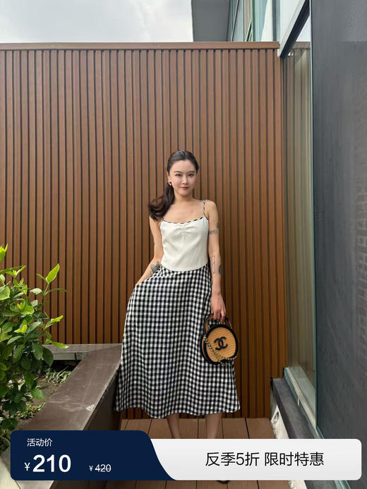 DUO智仙 长夏无边 法式格纹黑白吊带连衣裙 商品图0