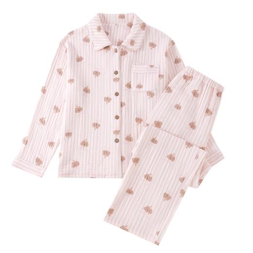 纯棉四层纱布睡衣女秋冬款暖棕条纹熊长袖长裤娃娃领加厚家居服套 商品图4