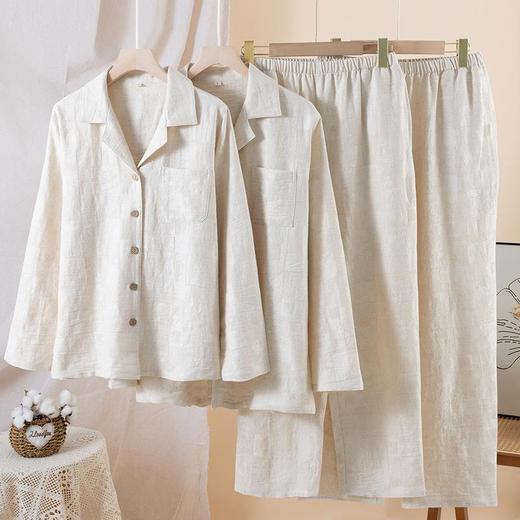 简约纯色棉麻睡衣情侣款春秋夏季薄款男女士家居服套装可外穿长袖 商品图0