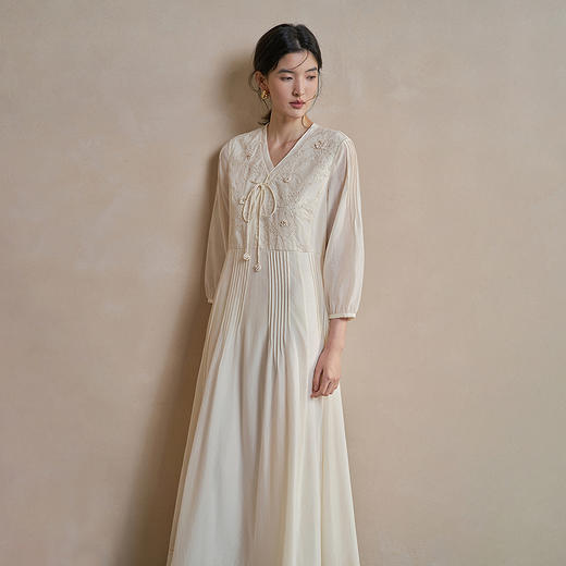 【林栖设计小店】手工钩花|丝棉绡牙签褶肌理垂感2026春新款国风连衣裙1961128 商品图3