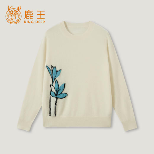 KINGDEER/KD百搭圆领常规大花保暖毛衣休闲套衫羊绒衫L805626温婉奶油款鹿王 商品图13
