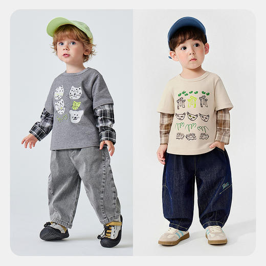 迷你巴拉男童宝宝假两件长袖T恤2026春新款软糯百搭舒适弹力上衣 商品图2