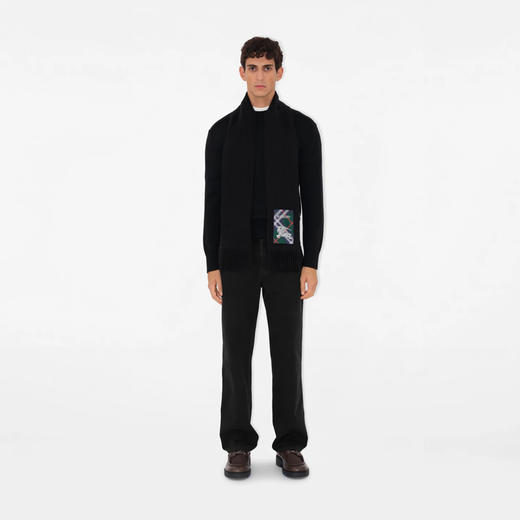 BURBERRY 巴宝莉 女士马术骑士徽标格纹标签羊绒围巾 黑色 8103997 B4935 商品图5