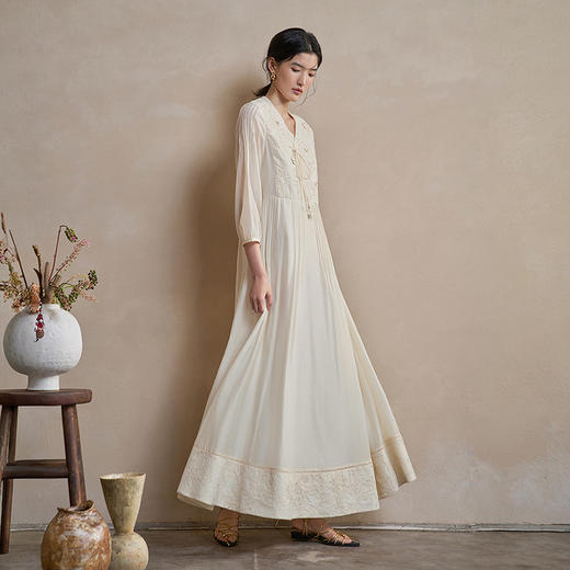 【林栖设计小店】手工钩花|丝棉绡牙签褶肌理垂感2026春新款国风连衣裙1961128 商品图1