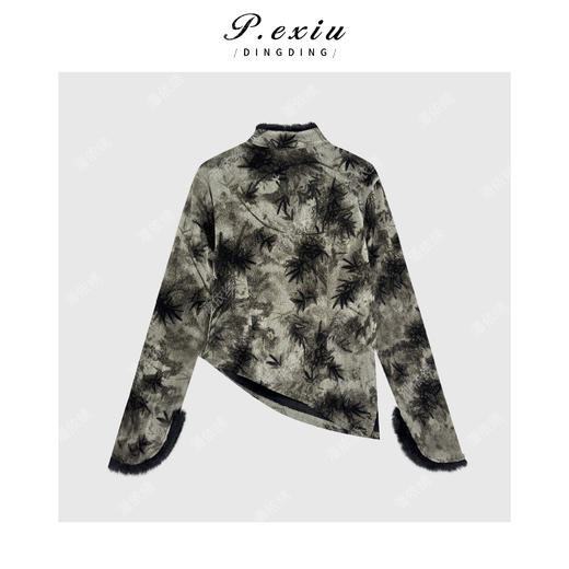 复古国风新中式印花盘扣不规则立领长袖上衣W-63750 商品图1