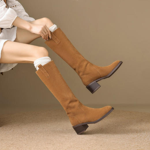 【预售5天】英伦风圆头粗跟骑士靴小个子高跟长靴粗跟黑色长筒靴CB&068 商品图3