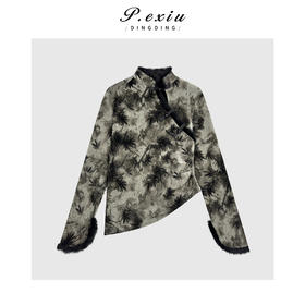 复古国风新中式印花盘扣不规则立领长袖上衣W-63750