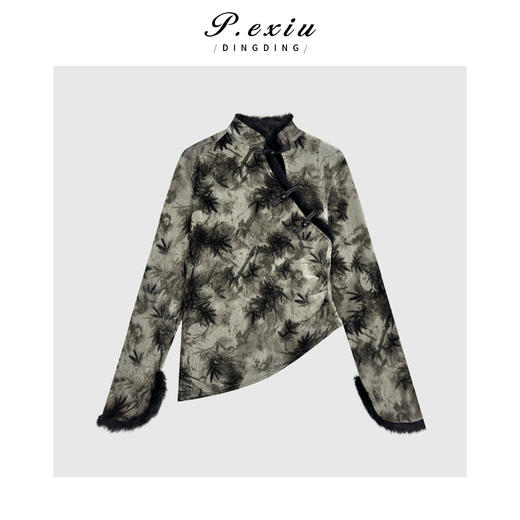 复古国风新中式印花盘扣不规则立领长袖上衣W-63750 商品图0