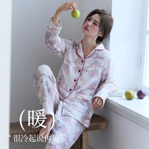 新款全棉加厚包边四层纱布女士睡衣纯棉秋冬季保暖长袖家居服套装 商品图3