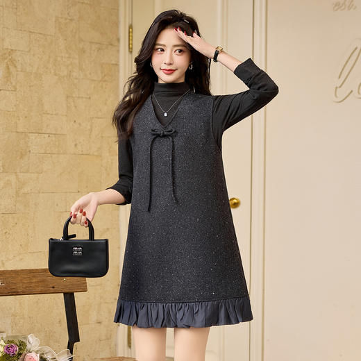 2026春装新韩系木耳边亮片V领蝴蝶结连衣裙两件套YJLY2610 商品图3