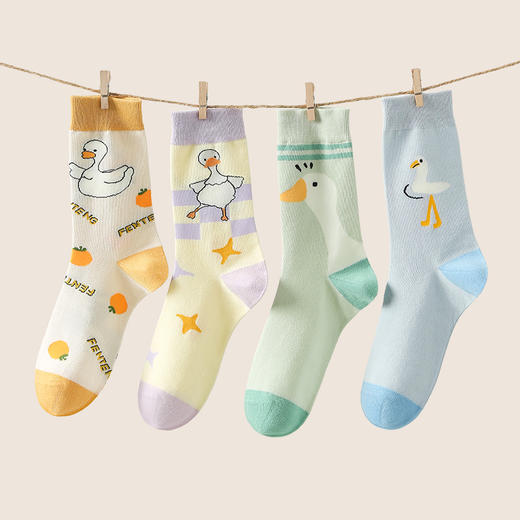 芬腾【四双装】女袜子春秋季棉质抗菌中筒袜吸汗防臭可爱卡通长袜 商品图4