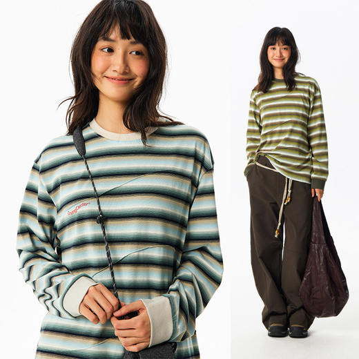 CryingCenter 拼接条纹波浪感宽松长袖T恤 哭喊中心 商品图2