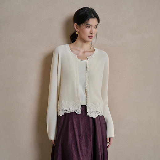 【林栖设计小店】风轻云淡|米白色镂空肌理绣花2026春新款小香风毛织外套1961148 商品图1