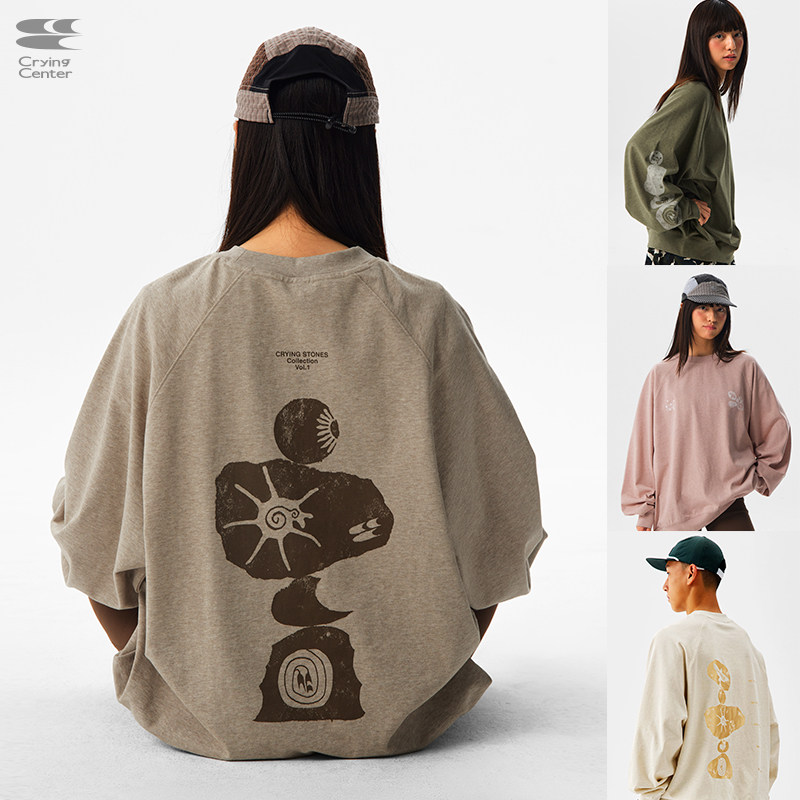 CryingCenter 部落叠石休闲宽松无绒花纱圆领卫衣 哭喊中心