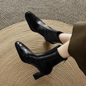 【预售5天】羊皮瘦瘦靴真皮法式复古高跟后拉链马丁靴ZYX&233