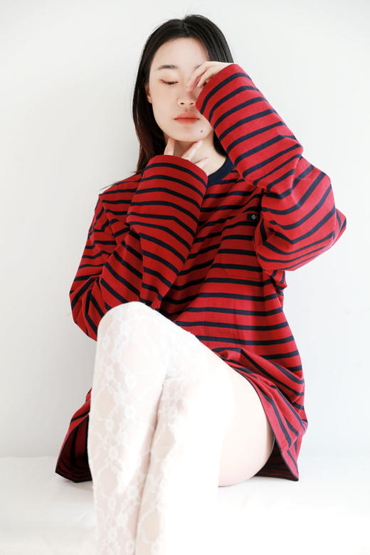 复古条纹tee，长袖+短袖哇。Oversize胸口横标平纹针织t恤E011788 商品图9