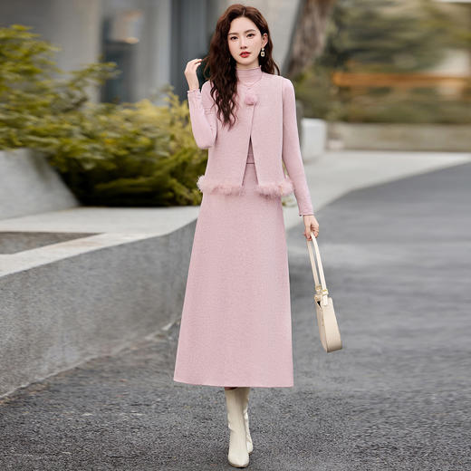 2026春新韩系粉色鸵鸟毛拼接马甲内搭半身裙三件套XXM113 商品图2