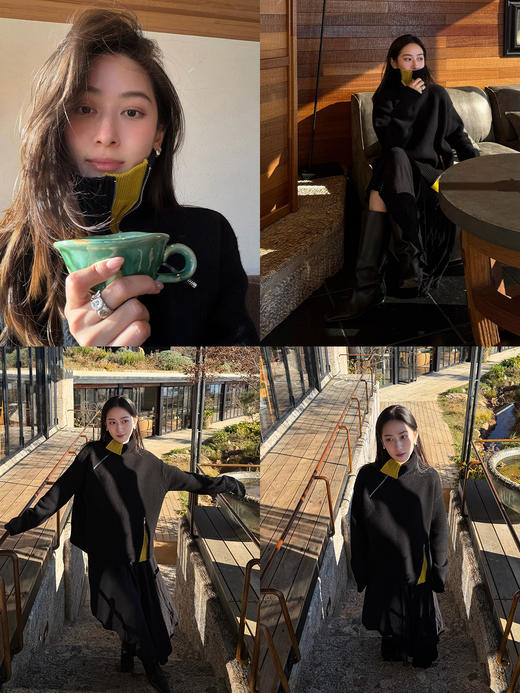 HIDEMI高领绵羊毛针织衫秋冬新款宽松螺纹翻领撞色设计感套头毛衣 商品图3