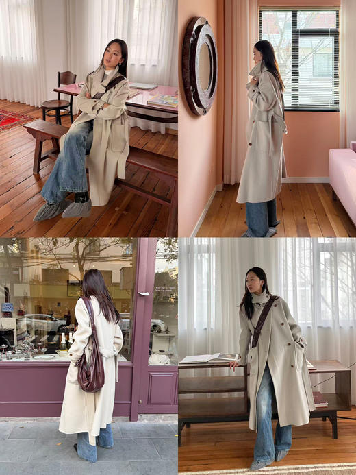 HIDEMI 进口澳洲美利奴羊毛不对称立领腰带极简设计感长款大衣 商品图1