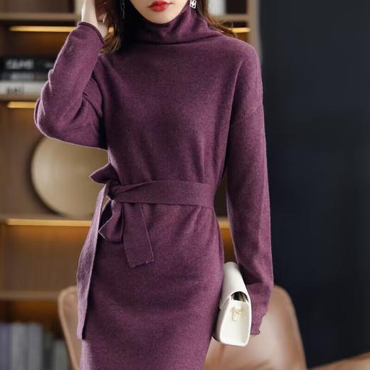 丁摩 秋冬100羊毛纯色高领堆领中长款针织连衣裙腰带气质收腰打底5ZF-2166 商品图0