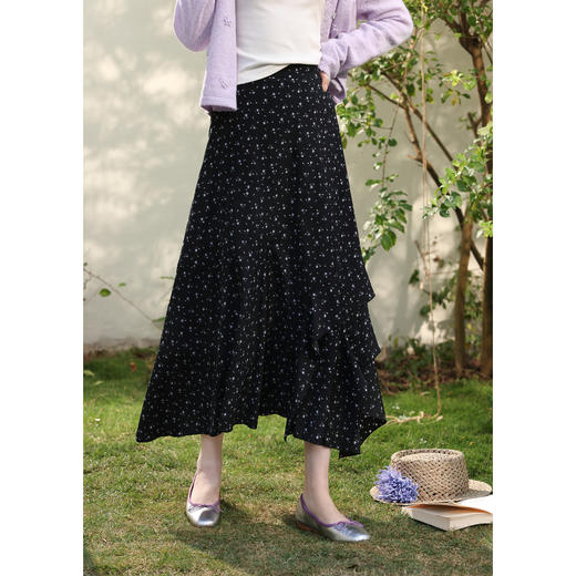 鹿向南「花影星踪」黑色碎花半身裙女春新款小个子高腰巨好看长裙 商品图3