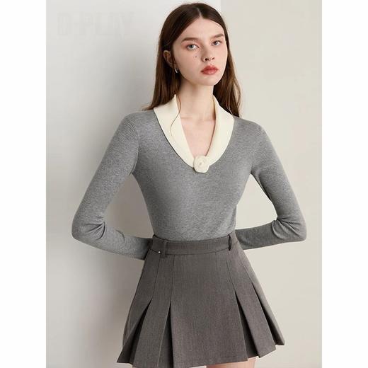 馥迦法式灰色花朵翻领针织衫 ｜ 白玫瑰点缀，诠释法式浪漫，优雅高级！ 商品图1