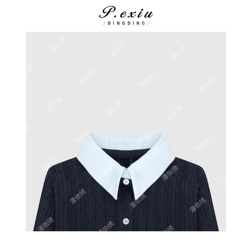 04-2潘依绣丁丁宠粉衬衫领拼镂空长袖针织上衣Q13213 商品图2