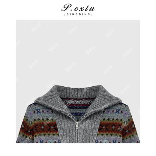 04-2潘依绣丁丁宠粉菲儿岛半拉链条纹针织毛衣 Q56070 商品图2