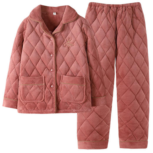 丁摩 加厚睡衣女款冬季可外穿加绒三层珊瑚绒夹棉套装家居服5ZF-9404 商品图4