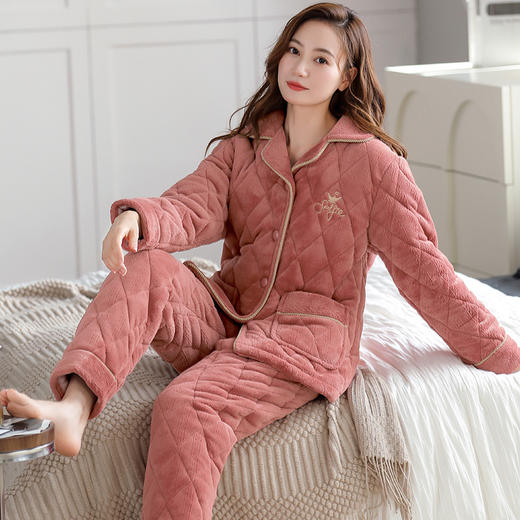丁摩 加厚睡衣女款冬季可外穿加绒三层珊瑚绒夹棉套装家居服5ZF-9404 商品图0