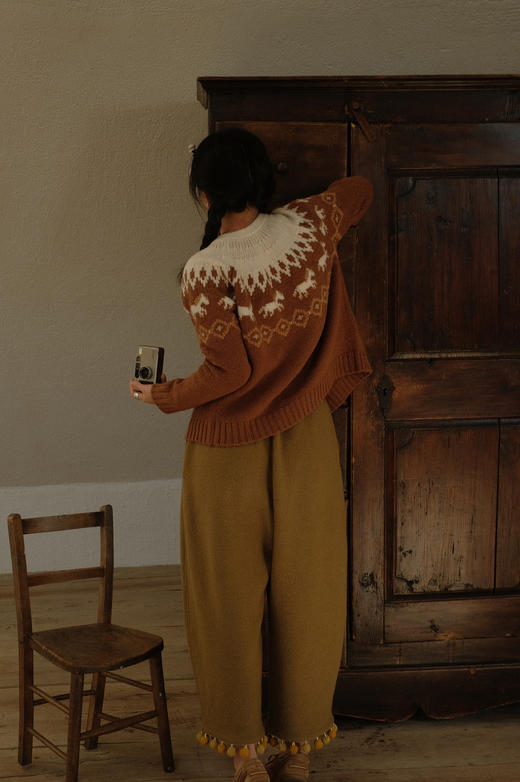 大地+苔藓绿色调手工撞色手工小毛球长裤 - 100%超细美丽诺强缩工艺羊毛 商品图3