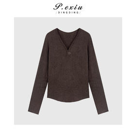 A008潘依绣丁丁宠粉休闲百搭通勤修身显瘦软糯V领长袖针织上衣Q27816